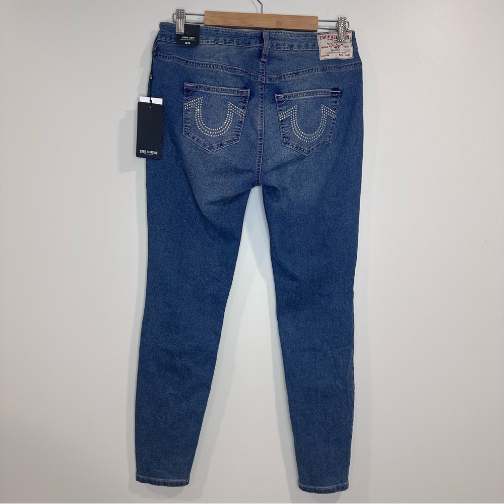 True Religion Jennie Curvy Crystal Logo Mid Rise Super Skinny Blue Jeans W29 NWT